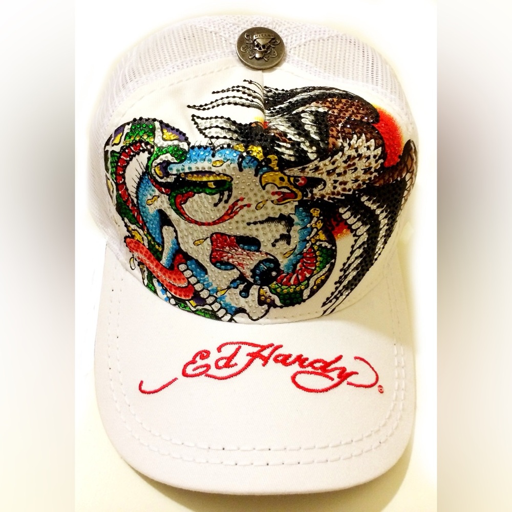 Ed Hardy Men's Trucker Hat "Skull Snake" With Rhinestone By Christian Audigier